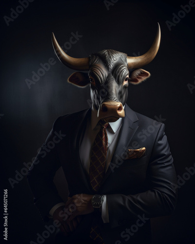 bull wearing business attire stands confidently