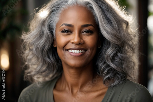 Beautiful african aging mature woman with smooth healthy face skin and long gray hair and happy smiling. Beauty and cosmetics skincare.