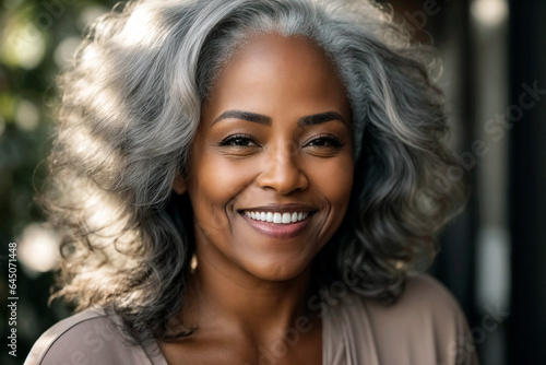Beautiful african aging mature woman with smooth healthy face skin and long gray hair and happy smiling. Beauty and cosmetics skincare.