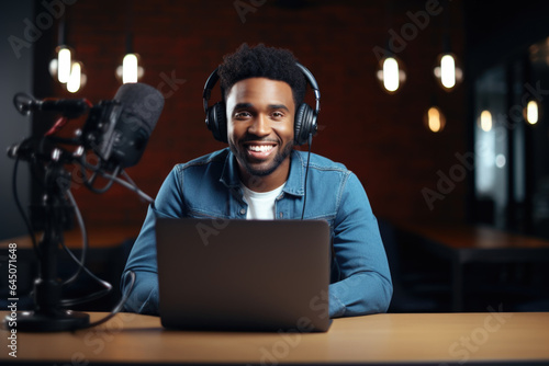  Young African American man host in headphones enjoying podcasting in his home studio. Handsome podcaster laughing while streaming live audio podcast