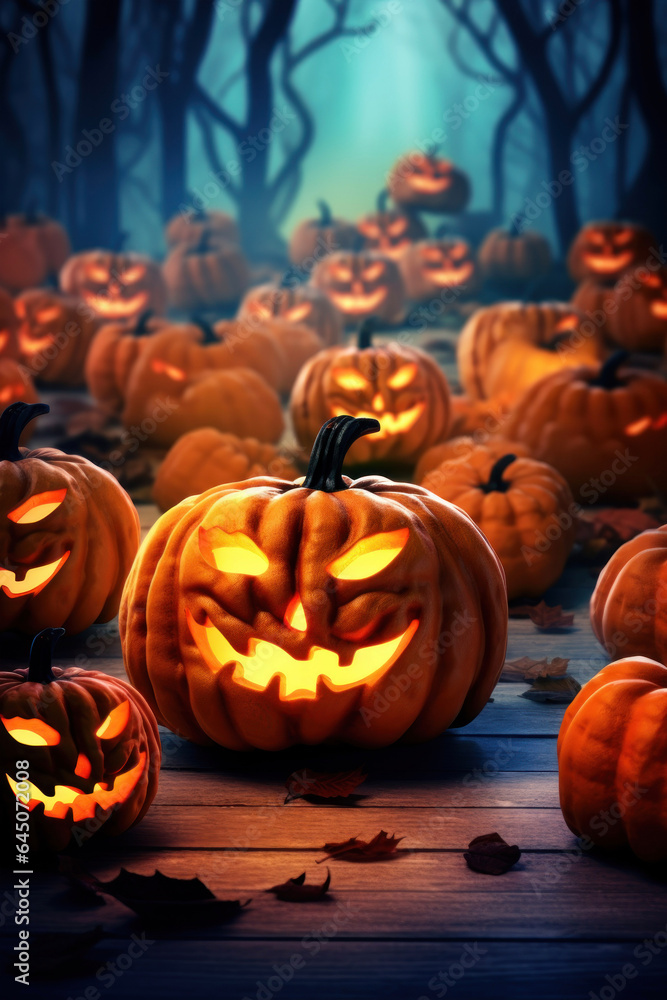 Photorealistic Halloween pumpkins with fiery eyes on the ground in a gloomy foggy forest Photorealistic Halloween pumpkins with fiery eyes on the ground in a gloomy foggy forest