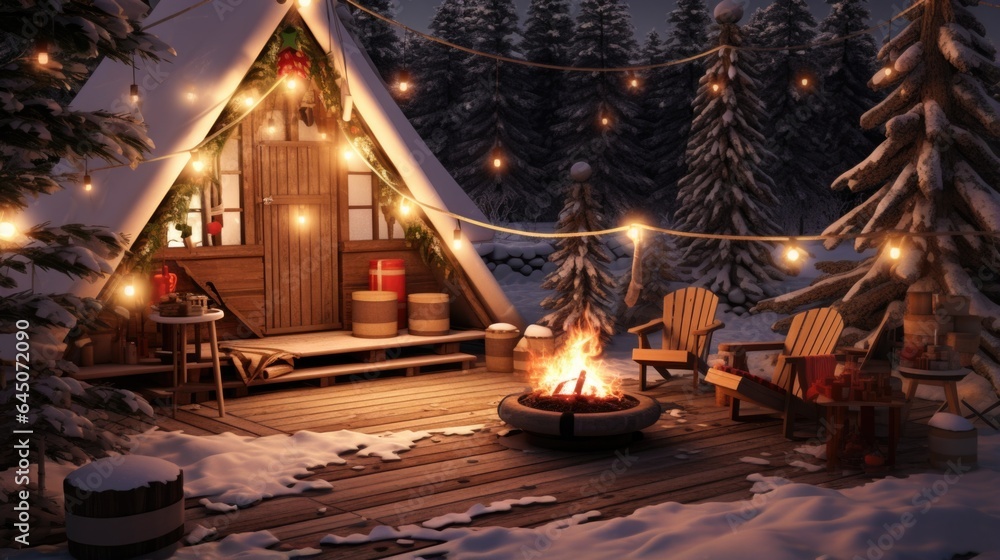 A small cabin with a fire pit in the snow - obrazy, fototapety, plakaty 