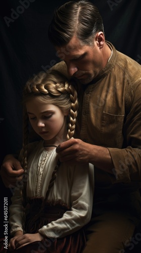 A man combing a little girl's hair