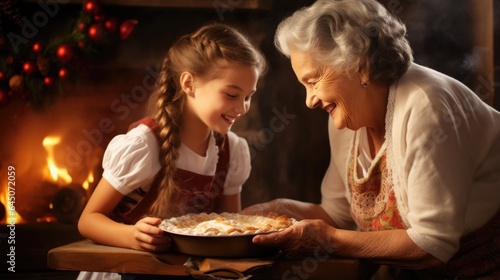 An older woman and a young girl cooking a pie