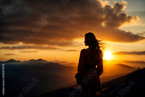 Silhouette of a woman on a mountain at sunset and cloudy sky