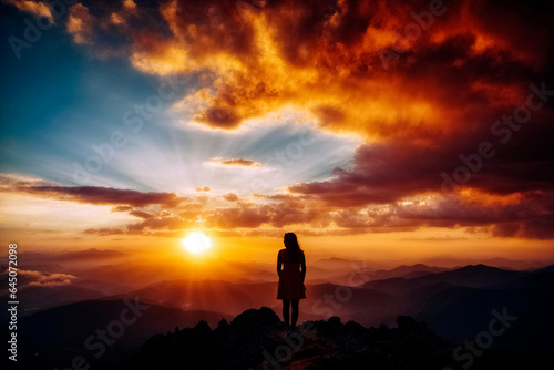 Silhouette of a woman on a mountain at sunset and cloudy sky © Melipo-Art