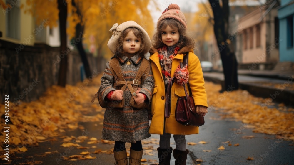Two little girls standing next to each other on a street Two little girls standing next to each other on a street