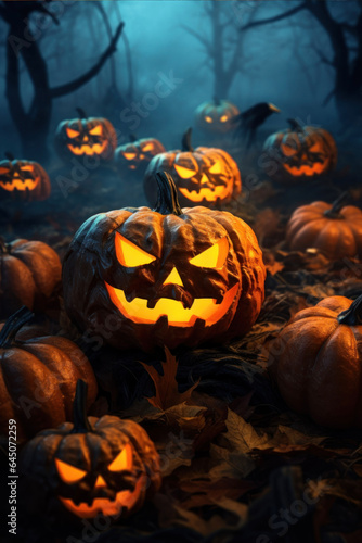 Photorealistic Halloween pumpkins in a gloomy foggy forest © Evgeniya Fedorova