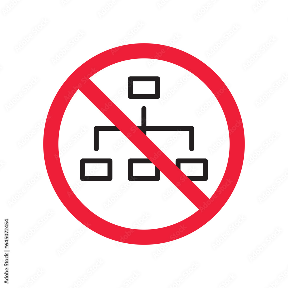 Prohibited company structure vector icon. No Hierarchy icon. Forbidden Organization chart icon. No Flow chart vector sign. Warning, caution, attention, restriction, danger flat sign design. Prohibited company structure vector icon. No Hierarchy icon. Forbidden Organization chart icon. No Flow chart vector sign. Warning, caution, attention, restriction, danger flat sign design.