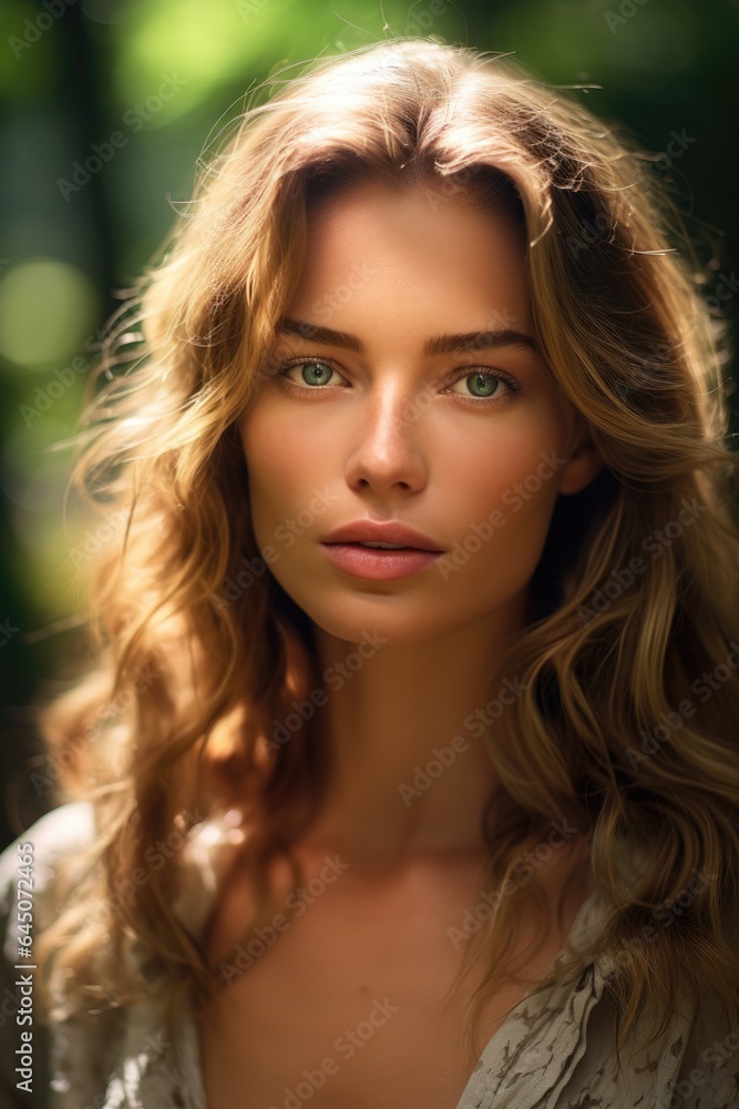 Beautiful woman stands in a lush, sun-dappled forest. Generative AI Beautiful woman stands in a lush, sun-dappled forest. Generative AI