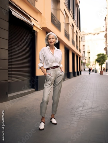 Beautiful senior lady with gray hair posing standing in the street of European city, gorgeous older woman fashion model, streetstyle blogger