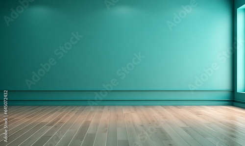 empty room with wooden floor. Minimal blue background for product presentation, mockup