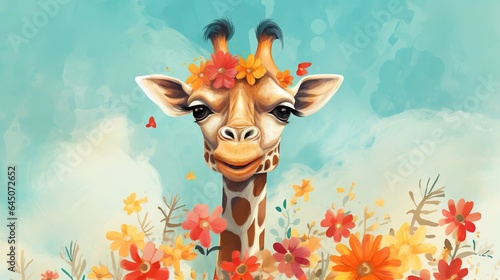  a painting of a giraffe with flowers on its head.  generative ai