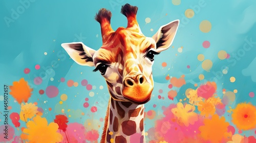  a painting of a giraffe standing in a field of flowers.  generative ai