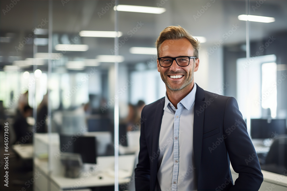 Smiling businessman in office. Generative Ai.