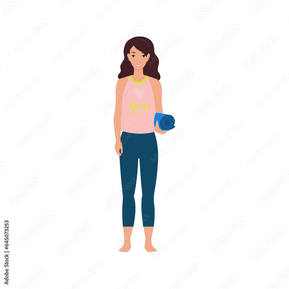 Woman in sport wear with yoga mat. Female in tights practicing yoga. Flat vector illustration isolated on white background Woman in sport wear with yoga mat. Female in tights practicing yoga. Flat vector illustration isolated on white background
