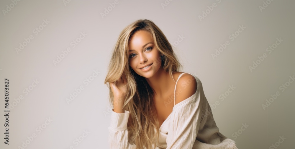 A girl in a playful pose on a neutral background. Generative AI A girl in a playful pose on a neutral background. Generative AI
