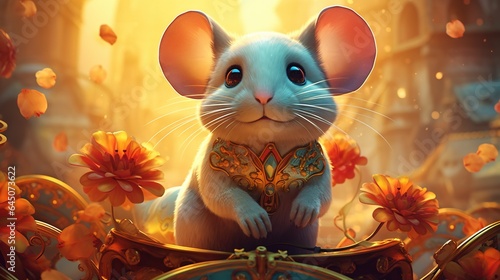  a mouse sitting on top of a table next to flowers. generative ai