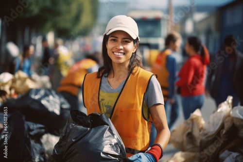 Smiling portrait of a happy young caucasian woman volunteer picking up trash and plastics in the city © Geber86