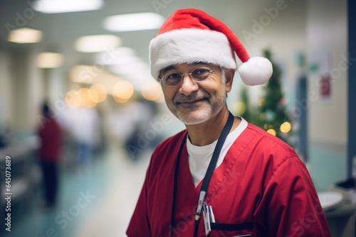 Smiling portrait of a happy middle aged caucasian doctor wearing a santa hat working in a hospital decorated for christmas and new year holidays