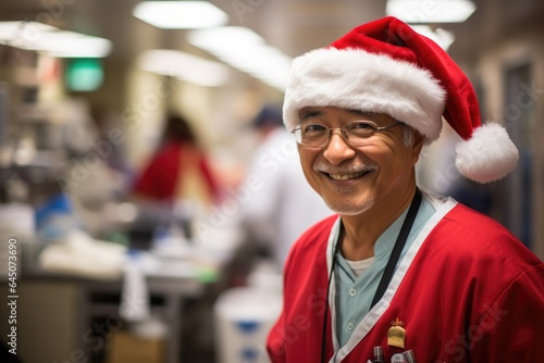 Smiling portrait of a happy middle aged asian doctor wearing a santa hat working in a hospital decorated for christmas and new year holidays