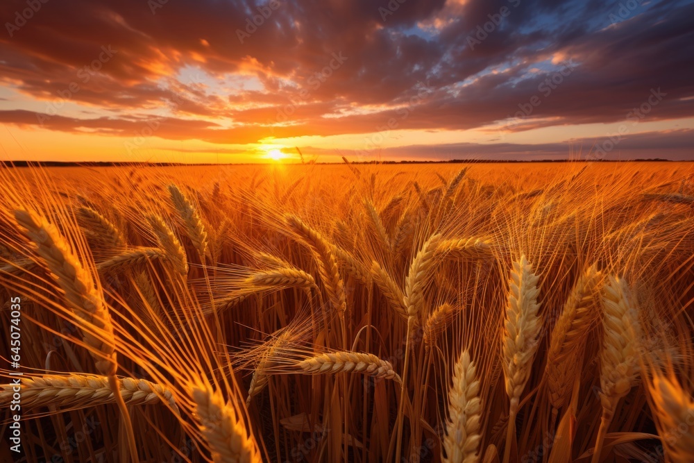 Wheat field that is ready to harvest on a farm during a sunset