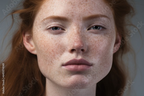 Beauty portrait of a young redhead caucasian woman in a studio with a gray background