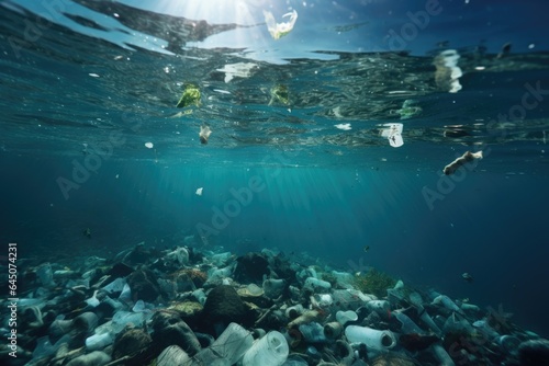 Sea polluted with plastic bottles and trash