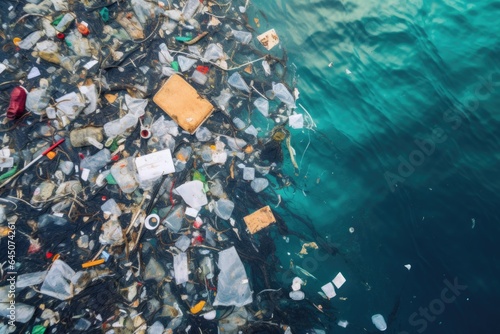 Sea polluted with plastic bottles and trash photo