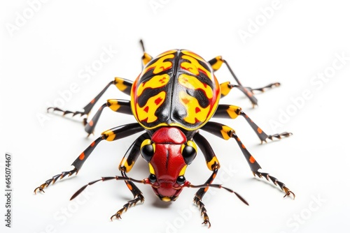 Close-up of a colorful beetle with red, yellow, and black markings isolated on a white background. © Sebastian Studio