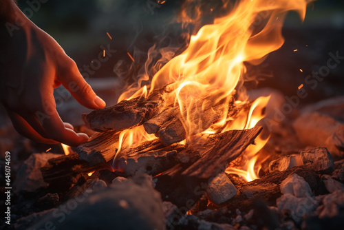 Man kindles a bonfire, balefire, fire and flames, illustration. Generative AI. Survival, campfire, burn, burning and fiery, camp and campground, image