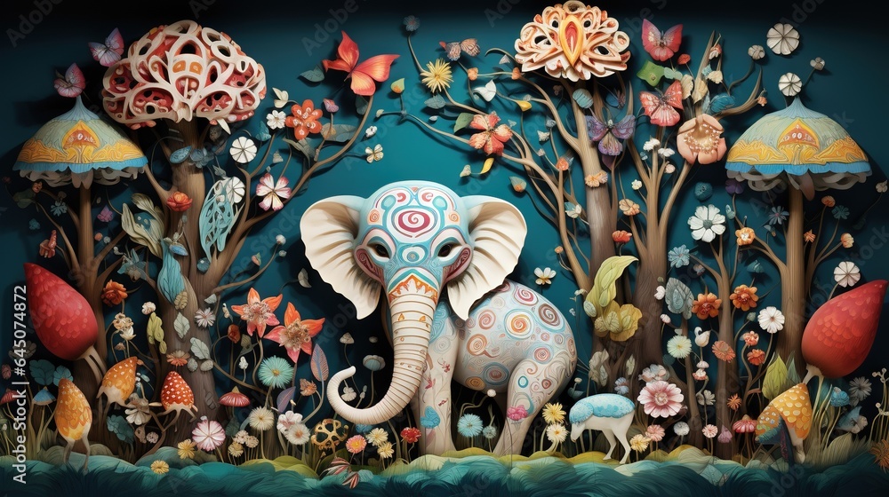 Obraz premium a painting of an elephant surrounded by trees and mushrooms and flowers. generative ai