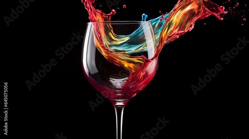 The elegance of a wine glass being tipped, releasing a cascade of colored liquid that dances in the air