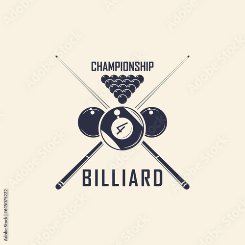 Billiard, 8-ball logo. billiard emblems with cue, balls, crown and banner icons. Hipster Design. Pool room, 8-ball. Emblem, poster templates. Vector illustration