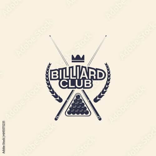 Billiard, 8-ball logo. billiard emblems with cue, balls, crown and banner icons. Hipster Design. Pool room, 8-ball. Emblem, poster templates. Vector illustration