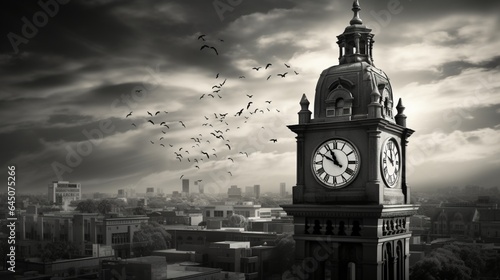 The elegant architecture of a black and white clock tower rising above city rooftops