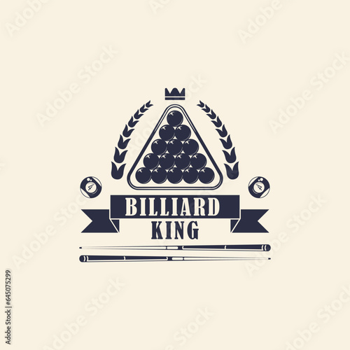 Billiard, 8-ball logo. billiard emblems with cue, balls, crown and banner icons. Hipster Design. Pool room, 8-ball. Emblem, poster templates. Vector illustration