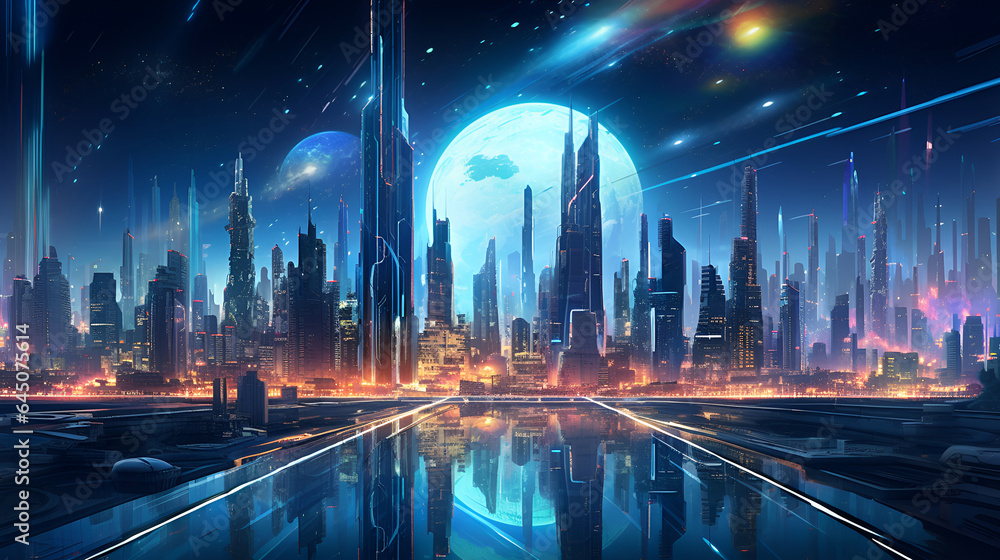 Nighttime scene in a  city from a futuristic fantasy world. he cityscape is adorned with towering skyscrapers, sleek flying cars soaring through the illuminated sky.