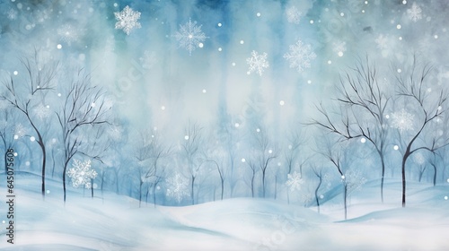  a painting of a snowy landscape with trees and snow flakes. generative ai