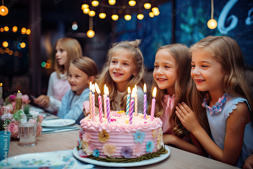 A cheerful birthday celebration with a delicious cake, candles, and a diverse group of children highlights the joy of togetherness and friendship. A cheerful birthday celebration with a delicious cake, candles, and a diverse group of children highlights the joy of togetherness and friendship.