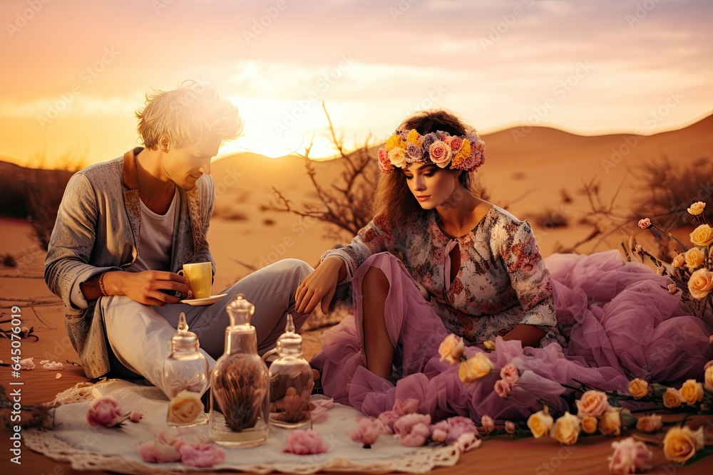 Fototapeta premium A portrait of two beautiful and stylish people in a desert landscape captures the essence of togetherness, romance, and relaxation.