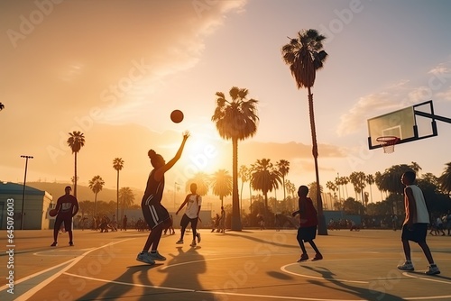Friends engage in an energetic game of basketball outdoors, enjoying the summer, competition, and togetherness. © Andrii Zastrozhnov