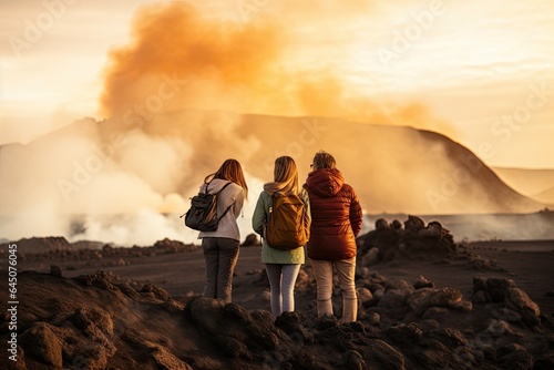 Tourists enjoy breathtaking volcanic landscape, featuring a volcanic eruption with smoke, lava, and steam