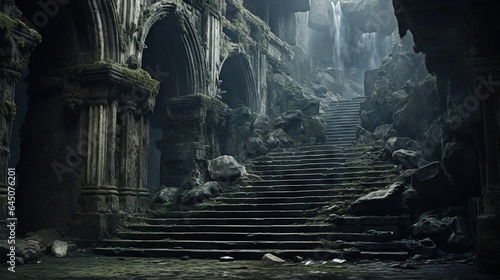  a set of stone stairs leading up to a cave like building. generative ai