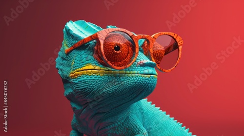 chameleon wearing sunglasses on a solid color background, vector art, digital art, faceted, minimal, abstract, panorama background. Generative AI.