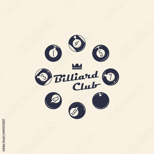 Billiard, 8-ball logo. billiard emblems with cue, balls, crown and banner icons. Hipster Design. Pool room, 8-ball. Emblem, poster templates. Vector illustration