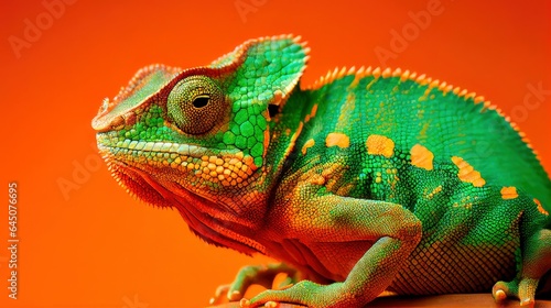photo of a green Chameleon on an orange background
