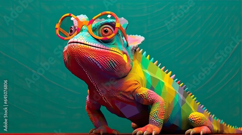 chameleon wearing sunglasses on a solid color background, vector art, digital art, faceted, minimal, abstract, panorama background. Generative AI.