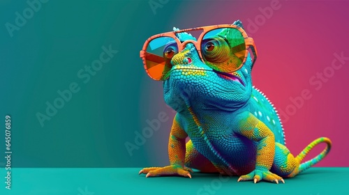 chameleon wearing sunglasses on a solid color background, vector art, digital art, faceted, minimal, abstract, panorama background. Generative AI. photo