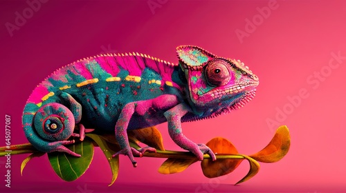 Chameleon full body, frame within shot, colorful, aligned right, pink background. © andrenascimento